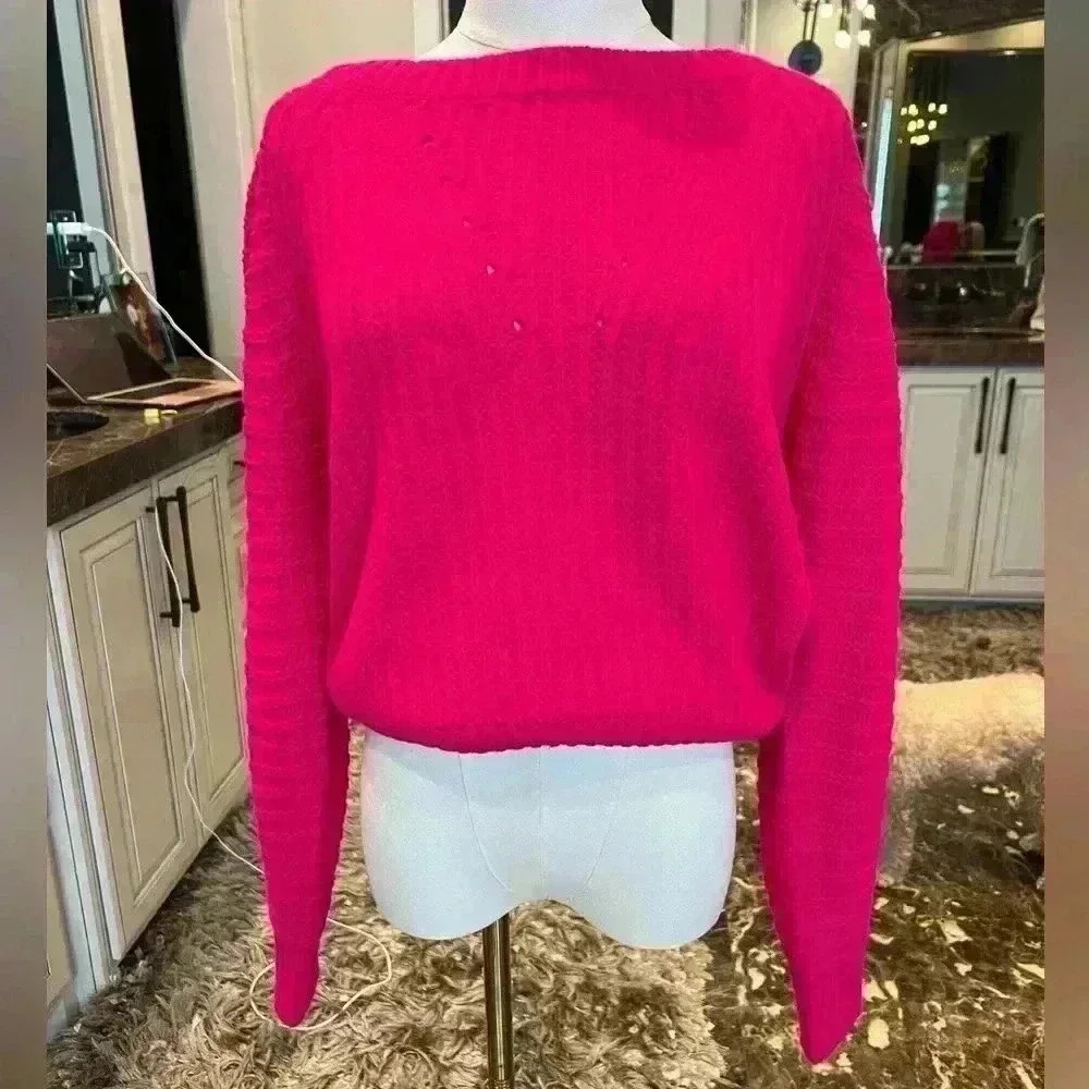 Skies Are Blue Bright Pink Crew Neck Long Sleeve Sweater, XS